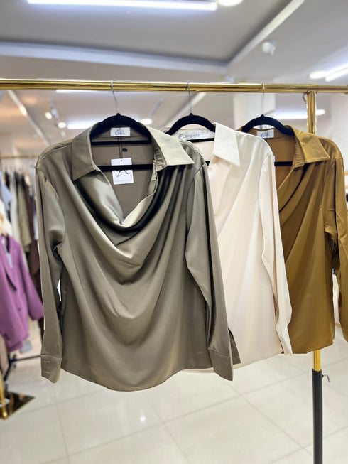 Collar Cowl Neckline Long Sleeves satin Tops